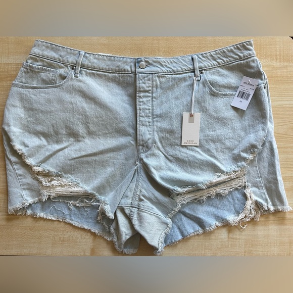 Good American Pants - SOLD🩵Good American Light Wash Distressed Bombshell Denim Short in Blue648 Size